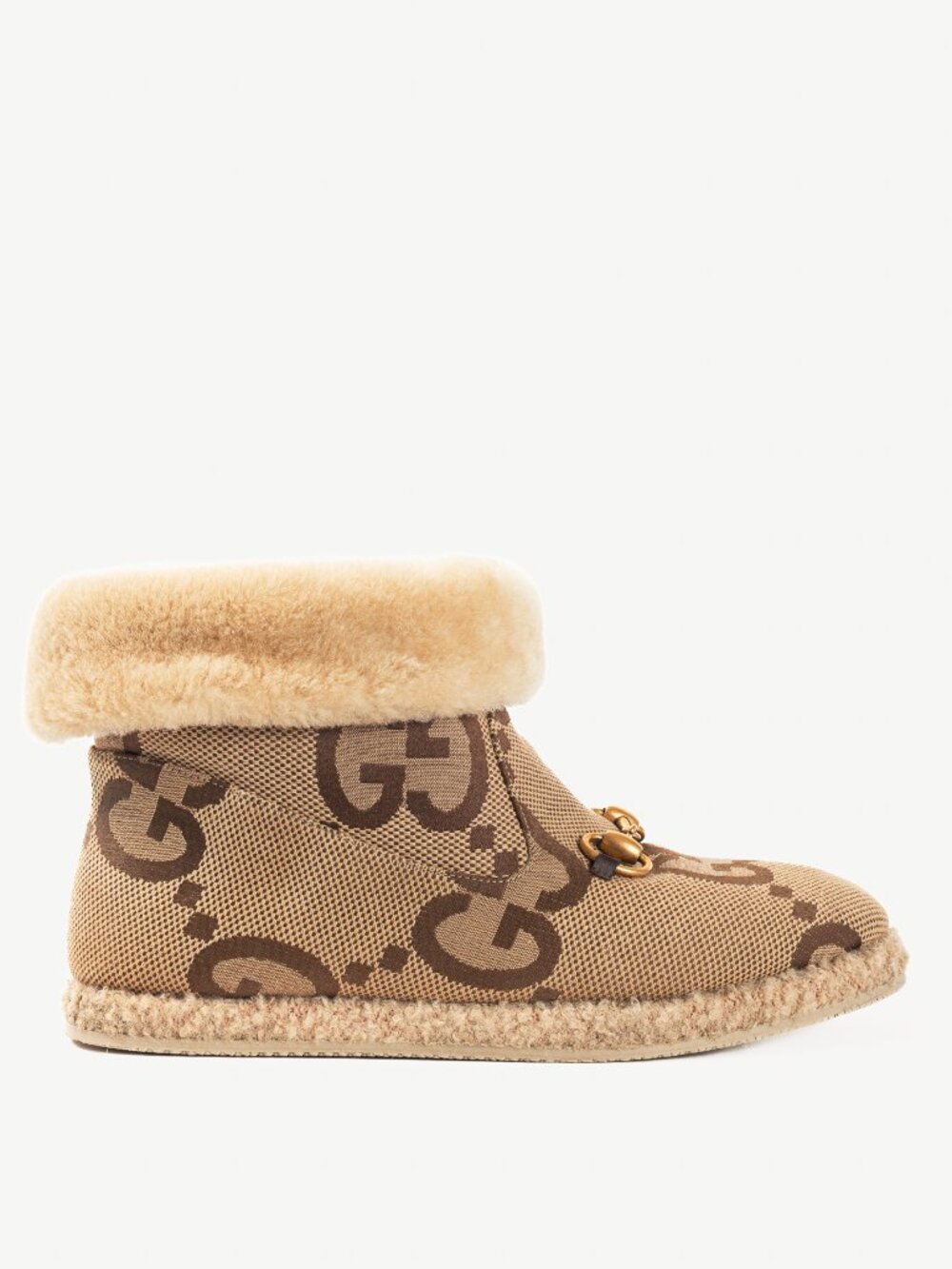Gucci Fria Beige Jumbo GG Sherpa Horsebit Ankle Boots